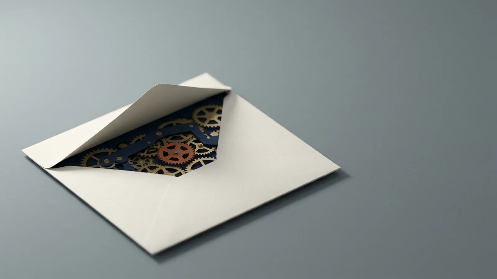 A plain paper envelope is peeled open to reveal a dense clockwork mechanism hidden inside.
