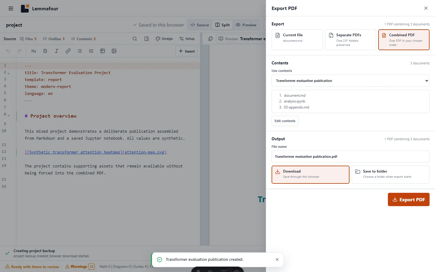 Export PDF panel offering current file separate PDFs in a ZIP and one combined PDF
