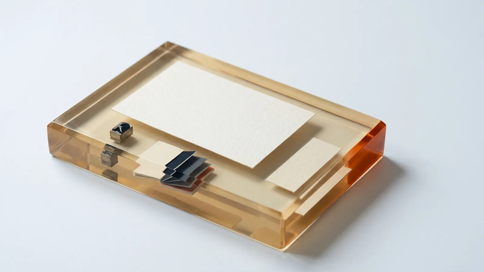 A sheet of paper and small archival objects are suspended perfectly flat inside a solid block of clear amber resin.