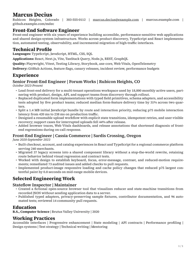 Front-end software engineer resume with a technical profile, grouped stack, architecture, accessibility, performance and testing achievements, selected work, and education.