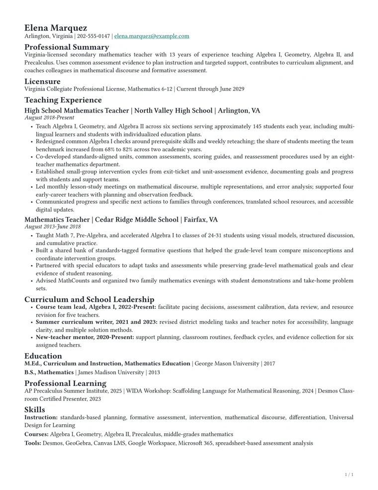 Single-column high school math teacher resume showing a professional summary, licensure, teaching experience, curriculum leadership, education, professional learning, and skills.