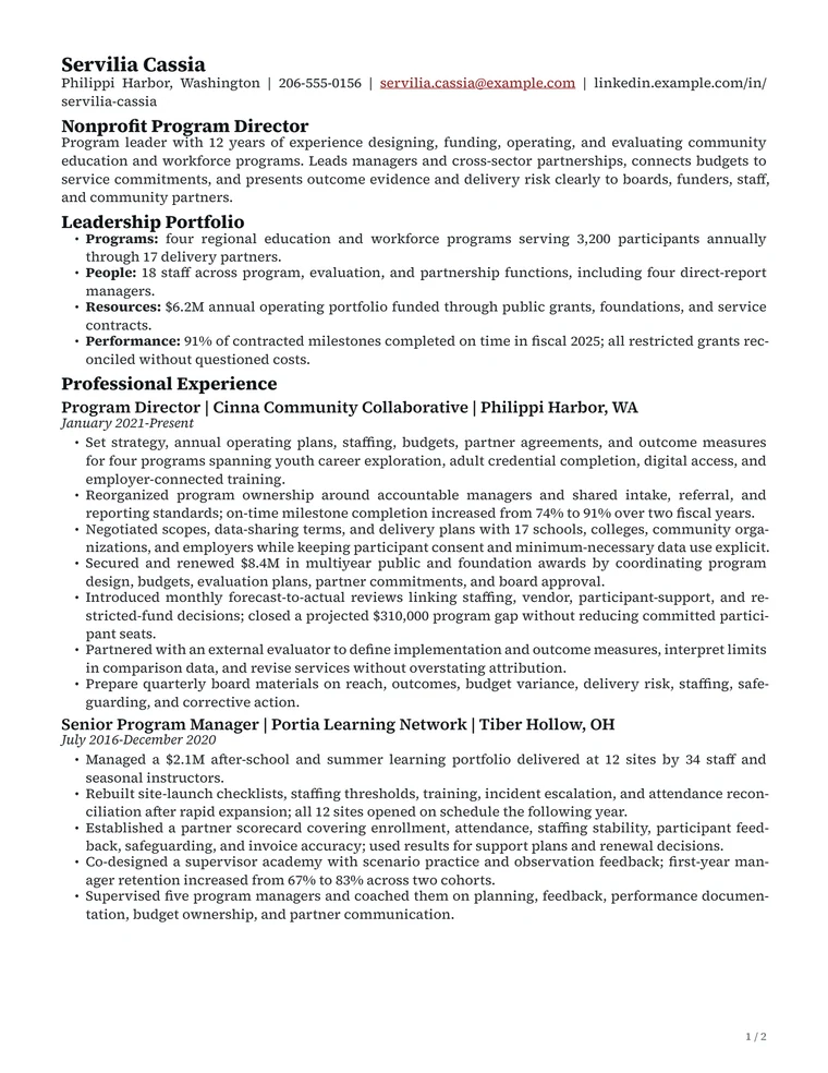 First page of a two-page nonprofit program director resume showing a leadership portfolio, program scale, staff and budget scope, funding, partnerships, and senior experience.