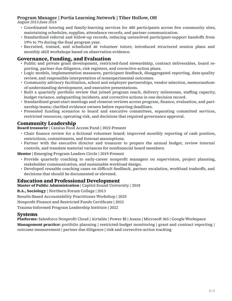 Second page of a nonprofit program director resume showing earlier program management, governance and funding practice, community leadership, education, professional development, and operating systems.