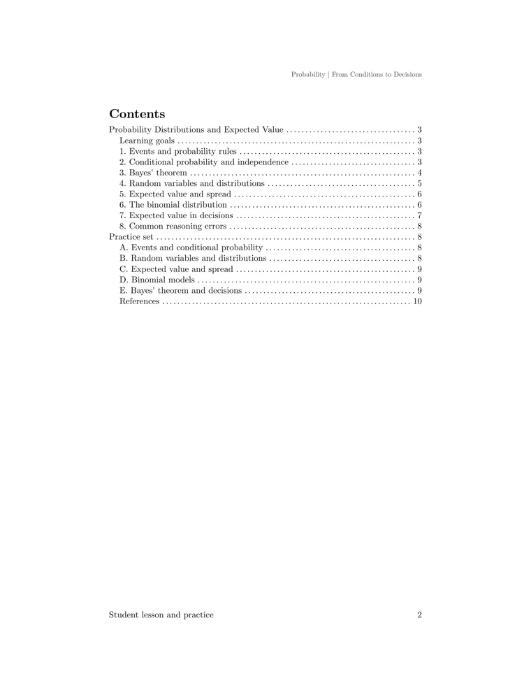 Table of contents for the probability lesson, from events and Bayes' theorem through distributions, binomial models, decisions, and practice.