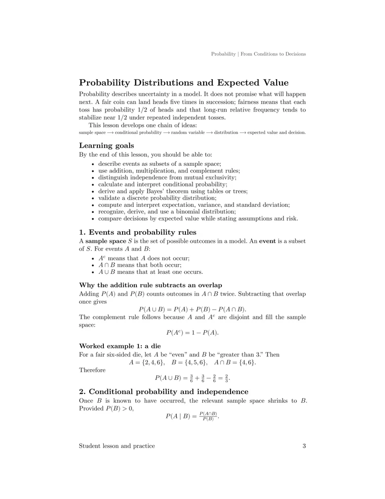 Lesson page introducing probability models, learning goals, event notation, the addition rule, complements, and conditional probability.