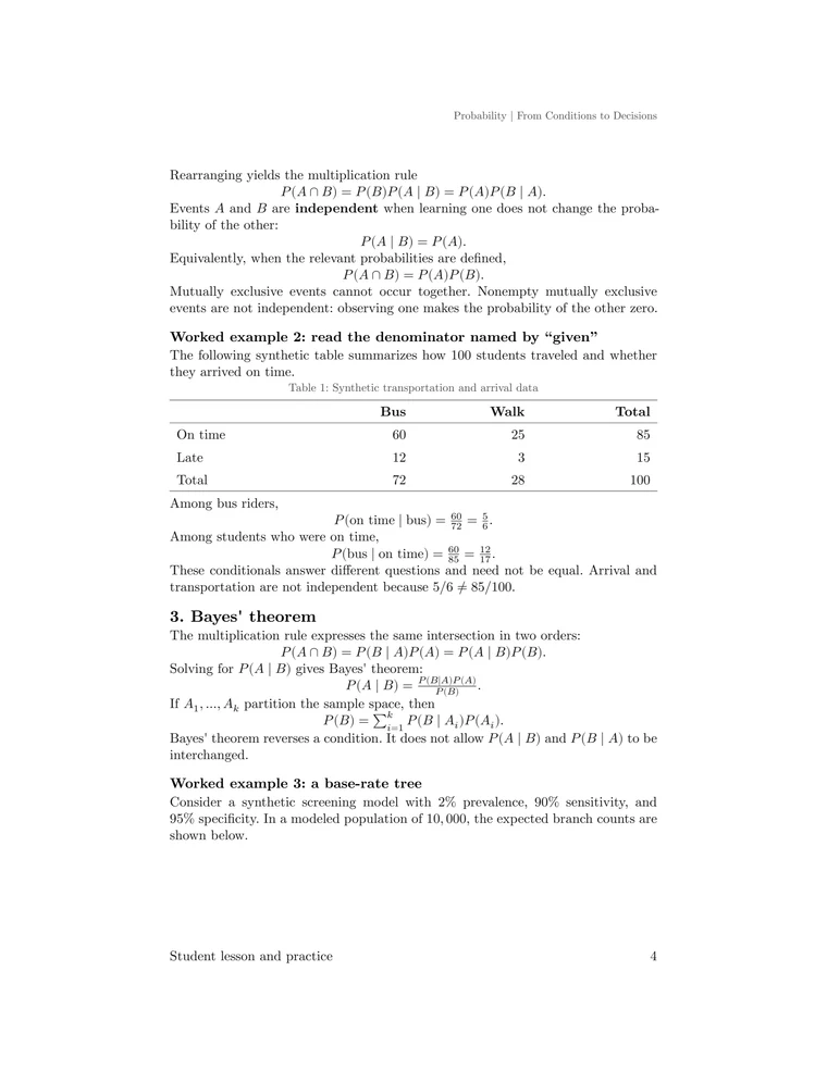 Conditional-probability table, independence criteria, a derivation of Bayes' theorem, and the setup for a synthetic screening model.