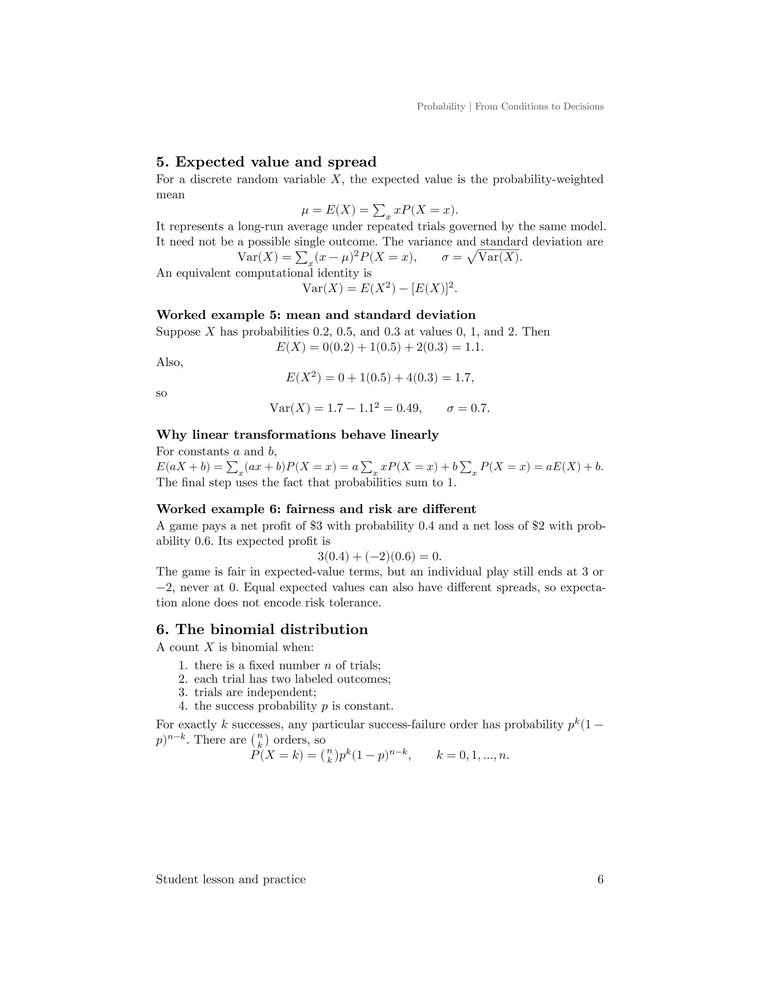 Expected value and variance formulas, a complete numerical example, a proof of linearity, and a comparison of fairness and risk.