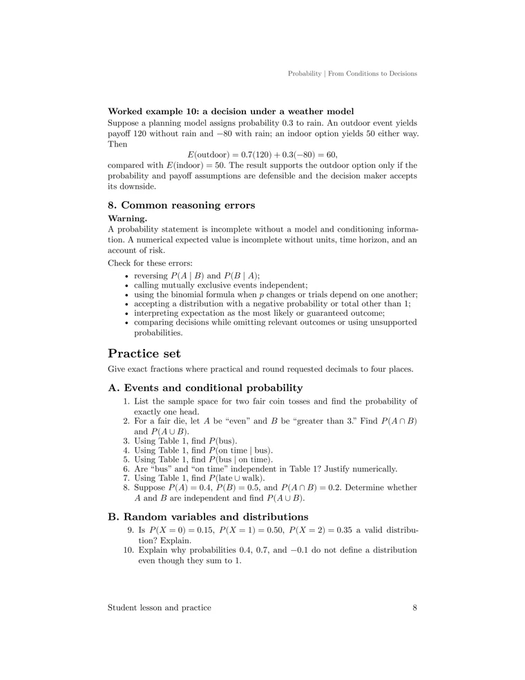 Weather-decision example, common probability reasoning errors, and the opening events and distribution exercises.