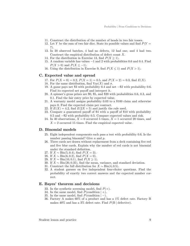 Practice page on distributions, expected value, variance, binomial models, Bayes' theorem, and conditional probability.