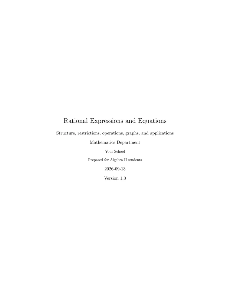 Draft cover page for an Algebra II lesson on rational expressions, domain restrictions, equations, graphs, and applications.