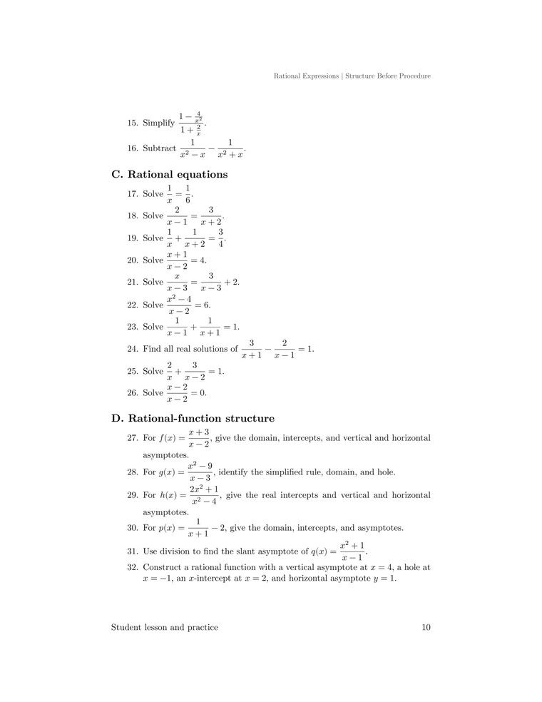 Practice questions on complex fractions, rational equations, graph features, asymptotes, and rational-function construction.