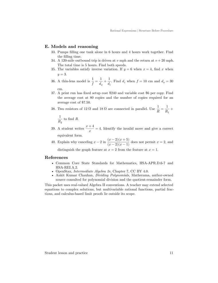 Final practice questions on work, speed, inverse variation, cost, parallel resistance, error analysis, and lesson references.