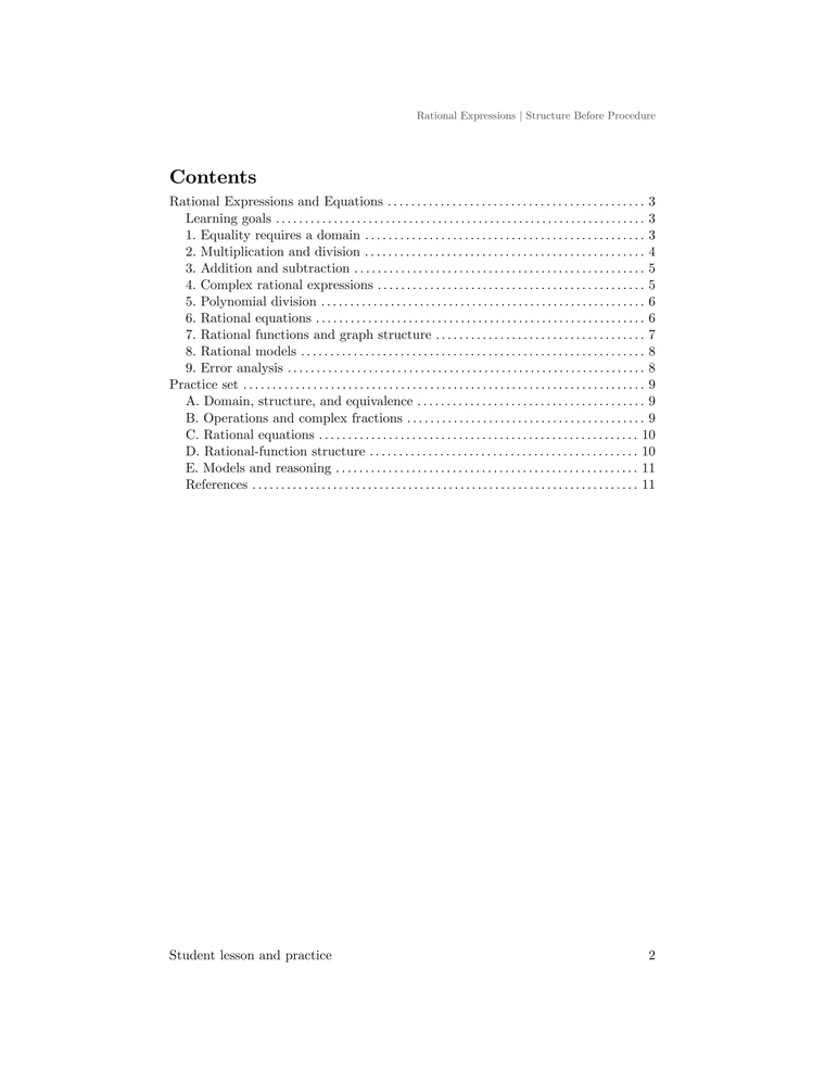 Table of contents for the rational expressions lesson, including operations, equations, graph structure, models, and the five-part practice set.