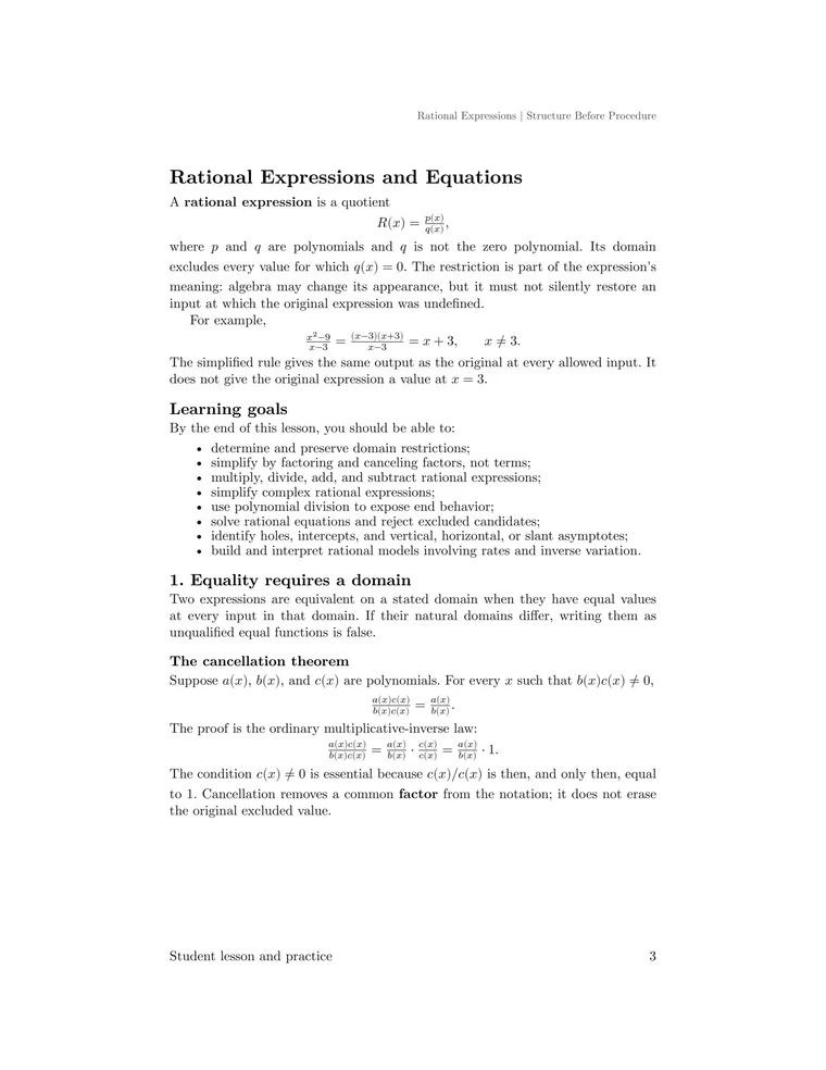 Lesson page defining rational expressions, domains, equivalence on restricted domains, and the cancellation theorem with proof.