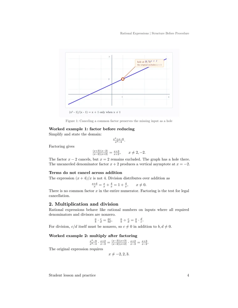 Worked examples showing a removable discontinuity, legal factor cancellation, and multiplication and division of rational expressions.