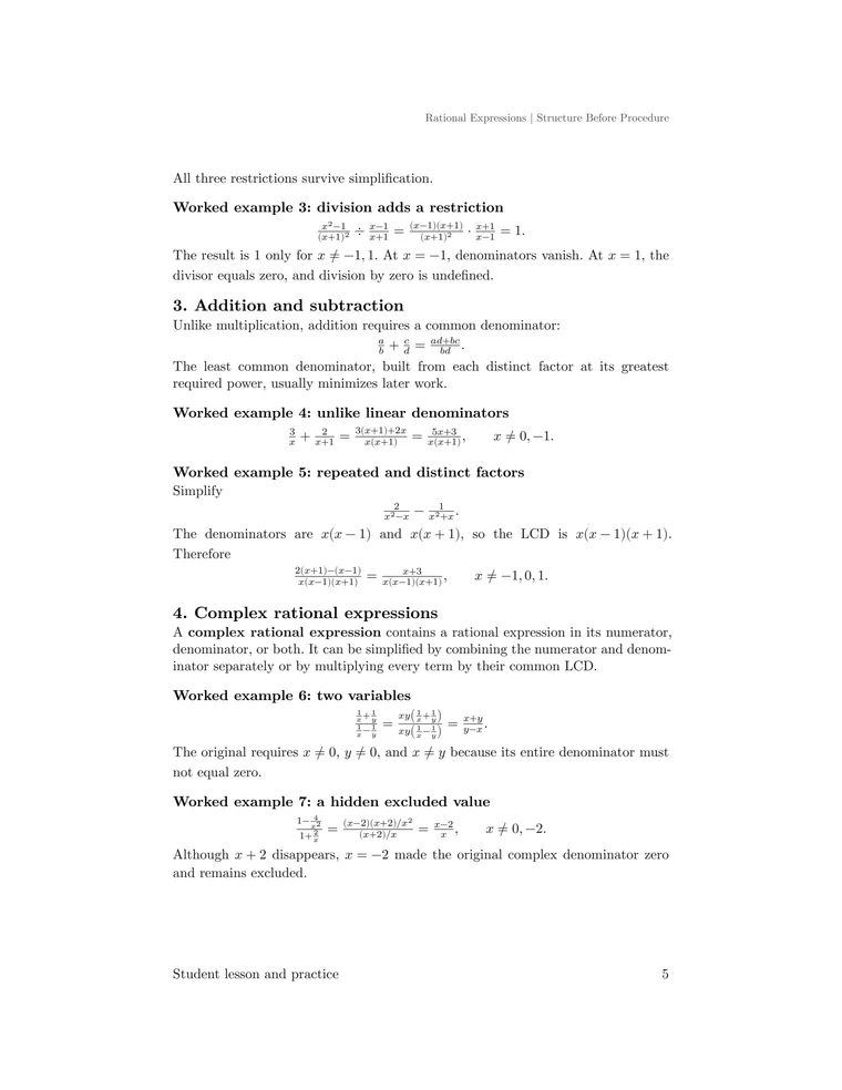 Worked examples on multiplication, division, common denominators, complex rational expressions, and hidden domain exclusions.