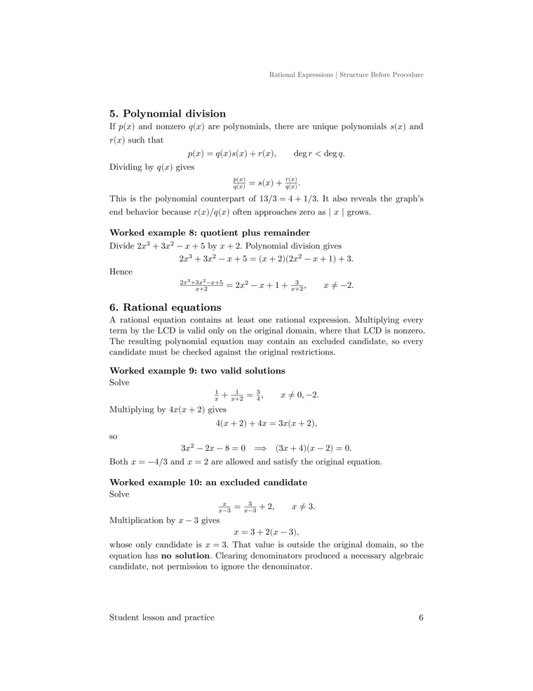 Polynomial division and rational-equation examples with two valid solutions and an excluded candidate.