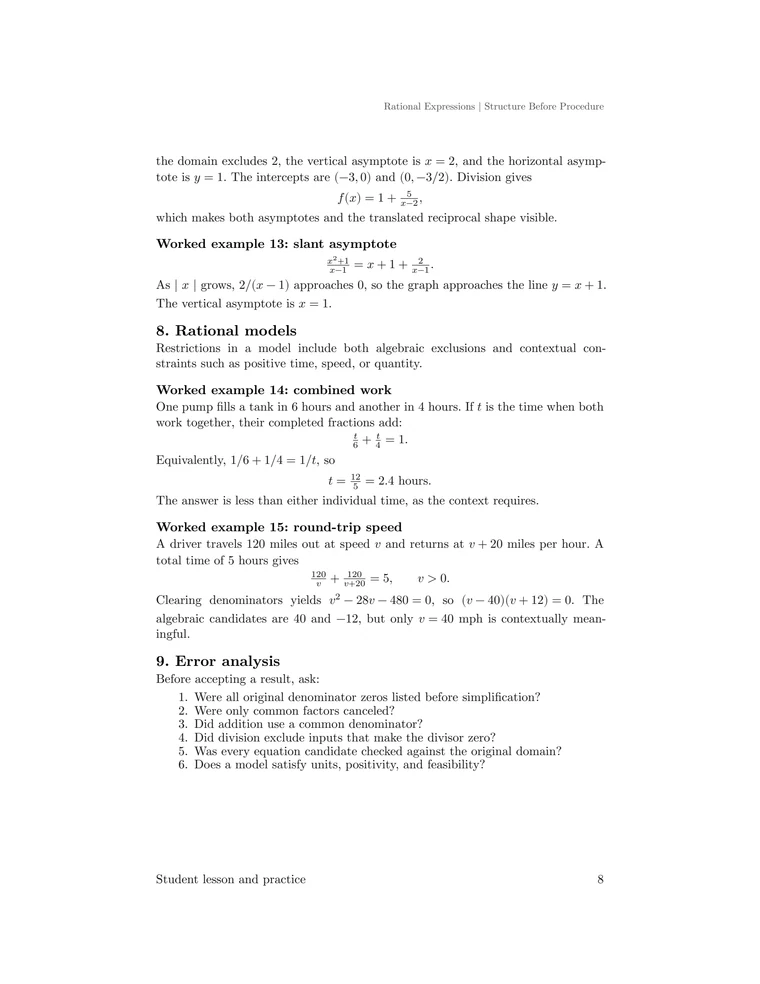 Worked examples on graph structure, slant asymptotes, combined work, round-trip speed, and rational-expression error analysis.
