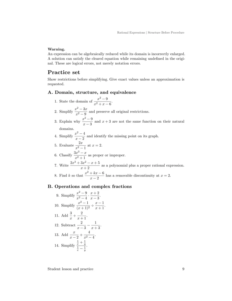 Practice questions on domains, equivalence, operations, and complex rational fractions.