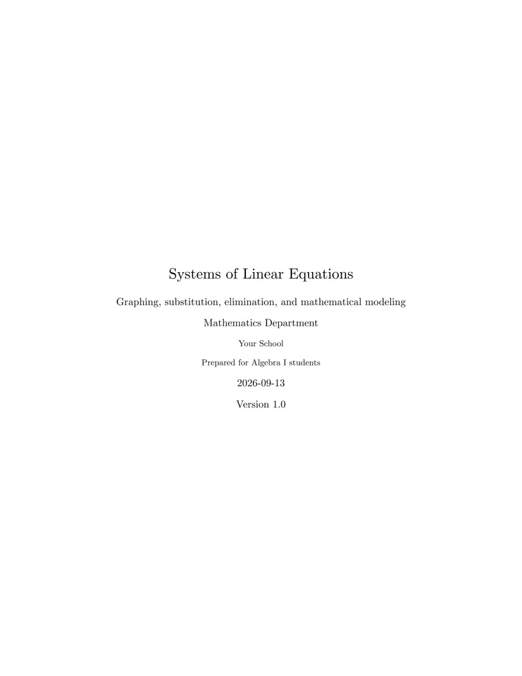 Draft cover page for a US Algebra I lesson on solving systems of linear equations by graphing, substitution, and elimination.