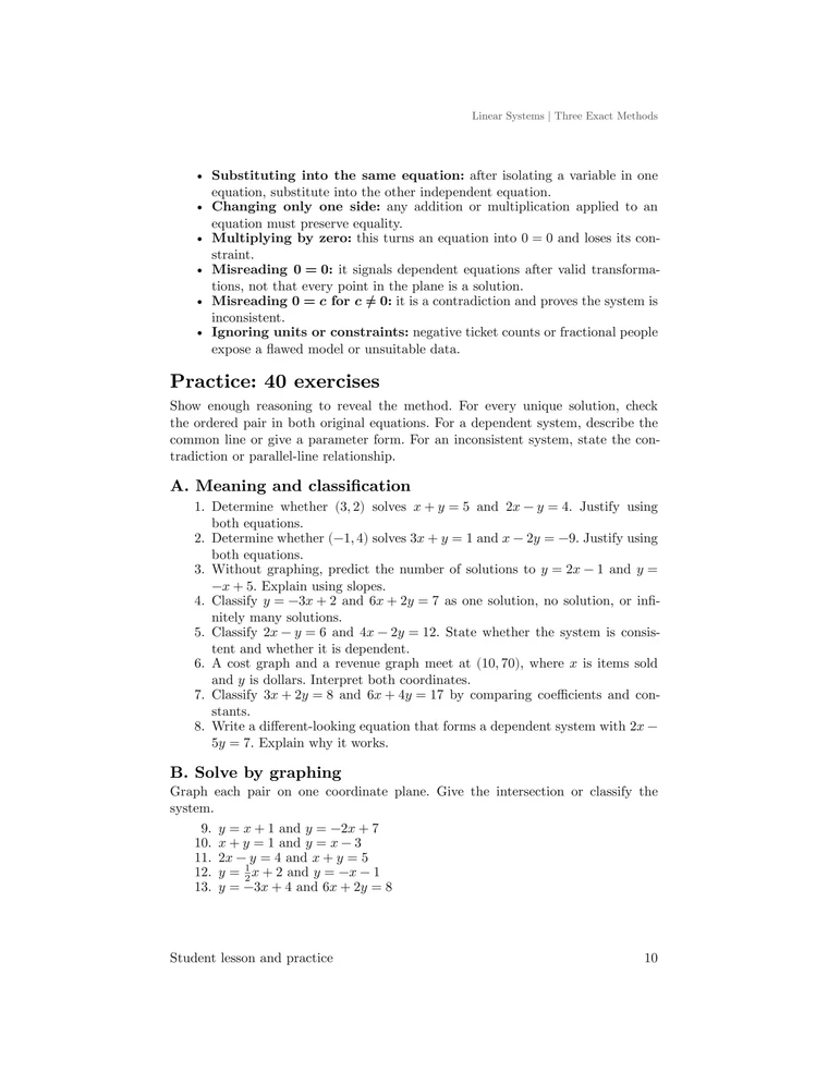 Diagnostic list of common system-solving errors followed by classification exercises and the first graphing problems in the forty-question practice set.