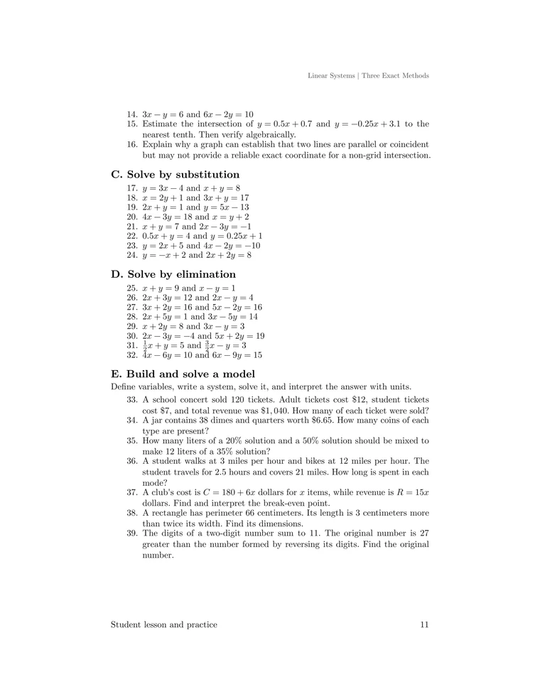 Practice exercises on graphing, substitution, elimination, and realistic two-equation models, continuing through exercise 39.