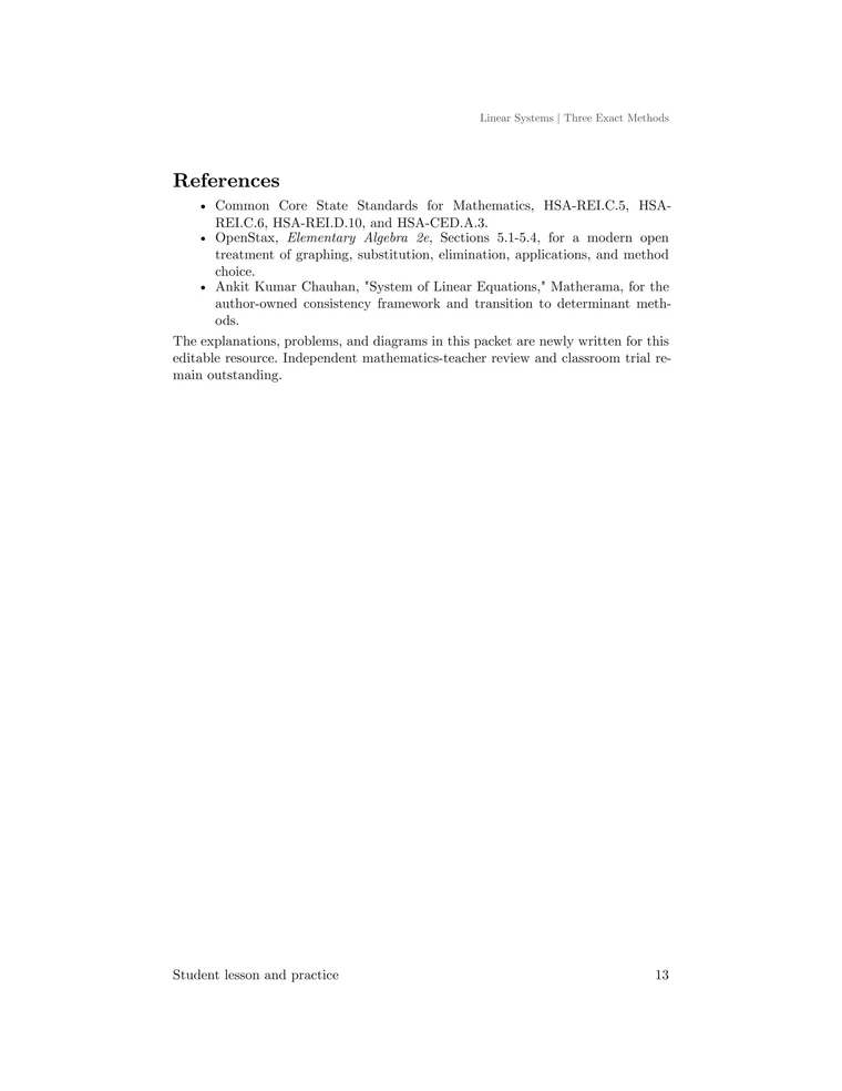 Standards, open-textbook, and Matherama references for the linear systems lesson, followed by its editorial review note.