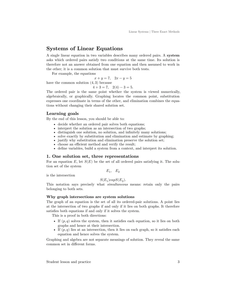 Opening lesson page defining a simultaneous solution as the intersection of two equation solution sets and proving the graph-intersection theorem.