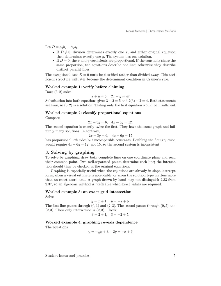 Coefficient classification argument and worked examples on verification, proportional equations, and solving a linear system by graphing.