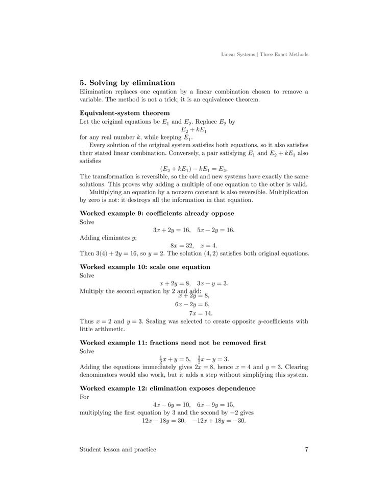 Proof of the equivalent-system theorem for elimination with worked integer, scaled, and fractional-coefficient examples.