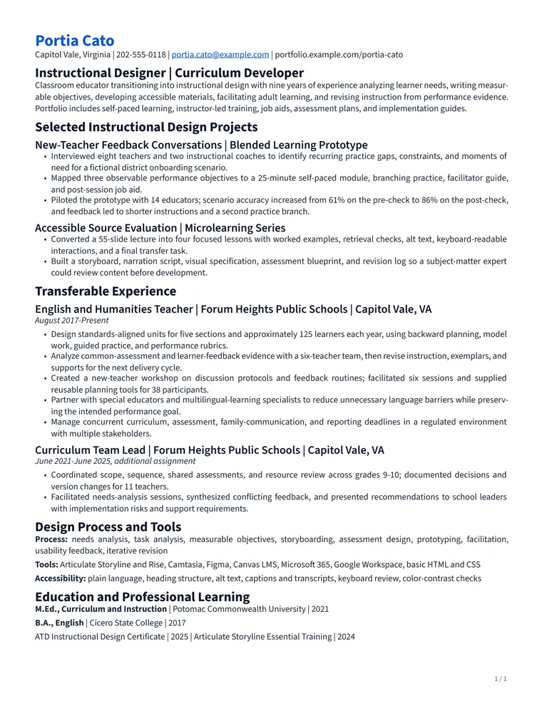 Teacher-to-instructional-designer combination resume with selected design projects, transferable teaching experience, process, tools, accessibility practices, and education.