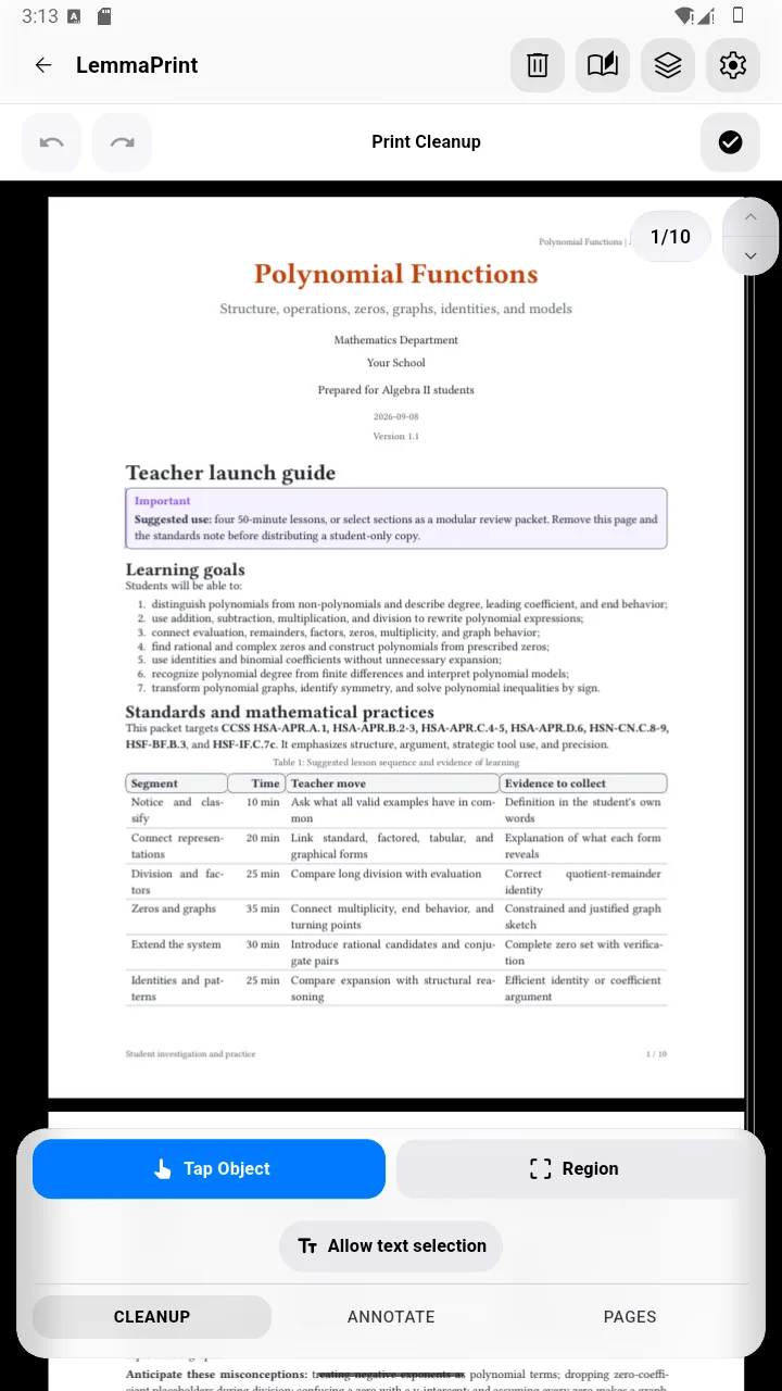 LemmaPrint page editing and crop preparation screen