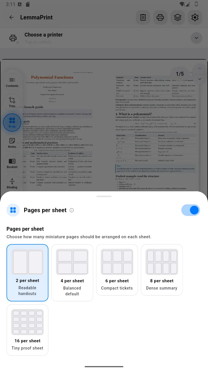 LemmaPrint N-up controls showing multiple pages arranged on one sheet