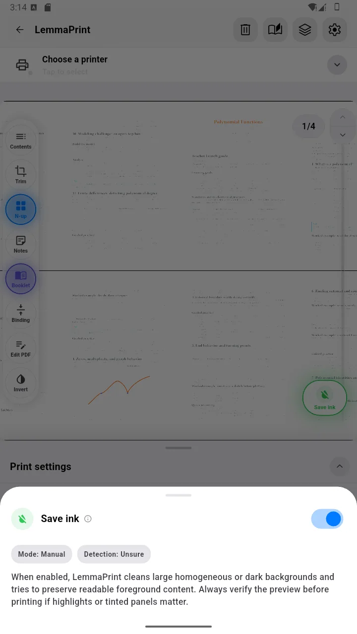 LemmaPrint ink-saving and background cleanup controls